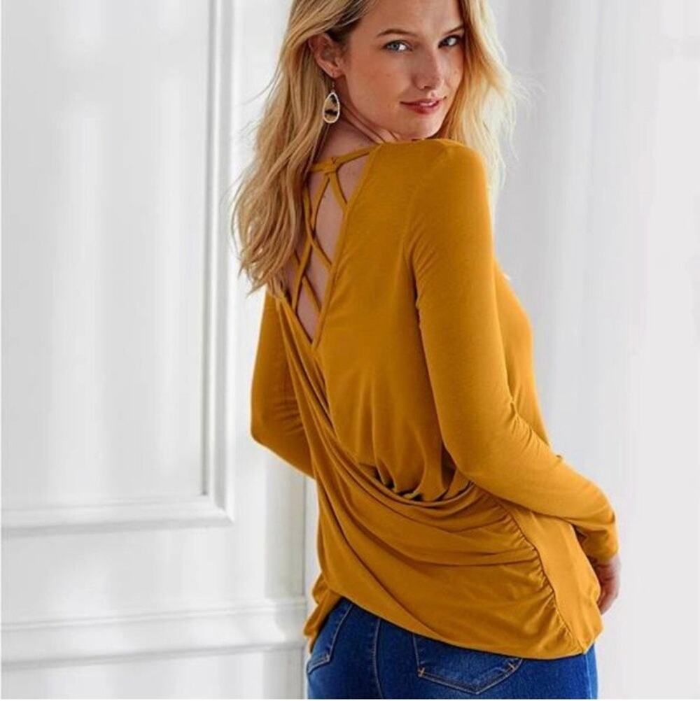 VENUS Mustard Gold Strappy Crisscross Open Back Draped Surplice Top L, Fall Top